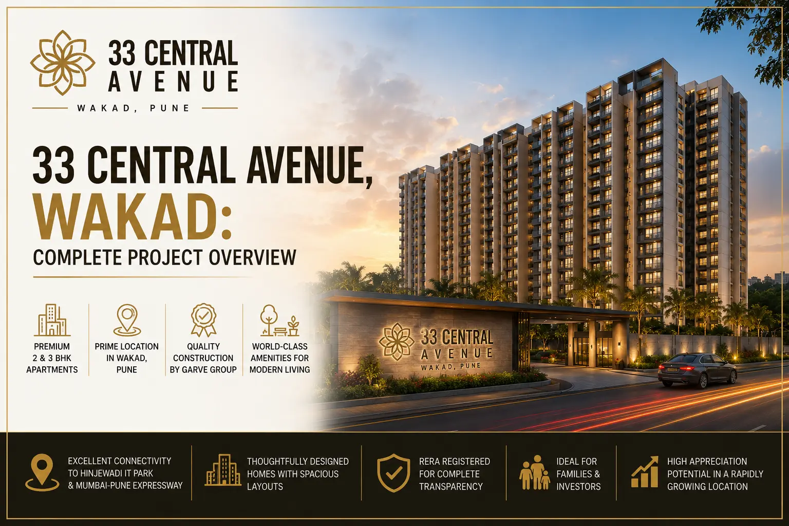 33 Central Avenue, Wakad — complete project overview with tower exterior and key highlights